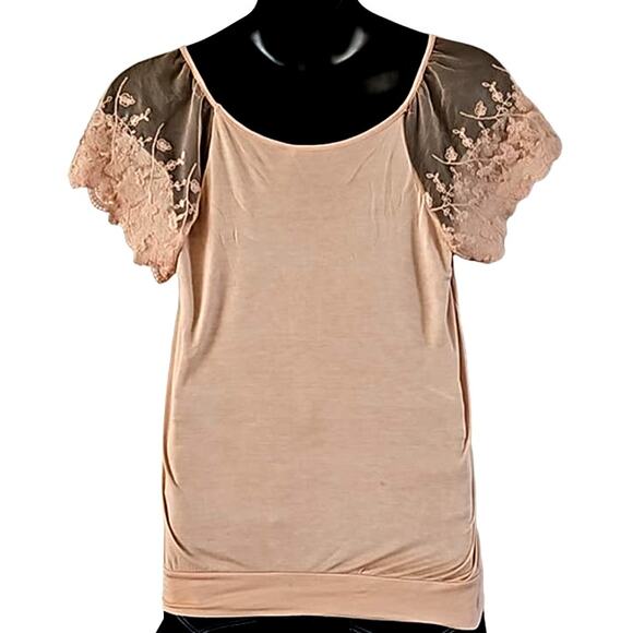 Rue 21 Juniors Blush Pink Blouse with Sheer Lace Flutter Sleeves - Size Large - Picture 5 of 5